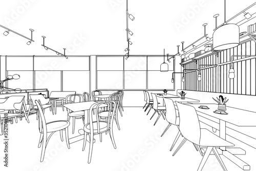outline sketch drawing interior perspective of house
