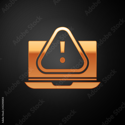 Gold Laptop with exclamation mark icon isolated on black background. Alert message smartphone notification. Vector