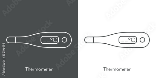 Icono plano lineal termómetro electrónico en fondo gris y fondo blanco