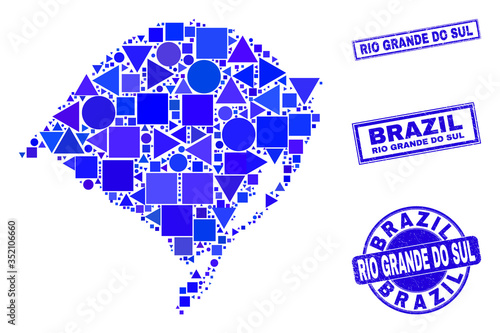 Vector mosaic Rio Grande do Sul State map. Geographic plan in blue color tinges, and unclean round and rectangle seal stamps. Abstract mosaic of Rio Grande do Sul State map designed of round, tringle,