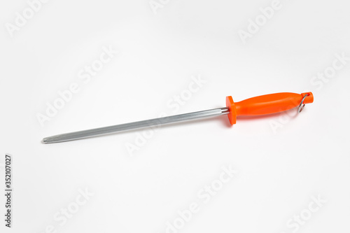 Knife sharpener with black plastic handles isolated on a white background. Top view.Grindstone for knives. High-resolution photo.