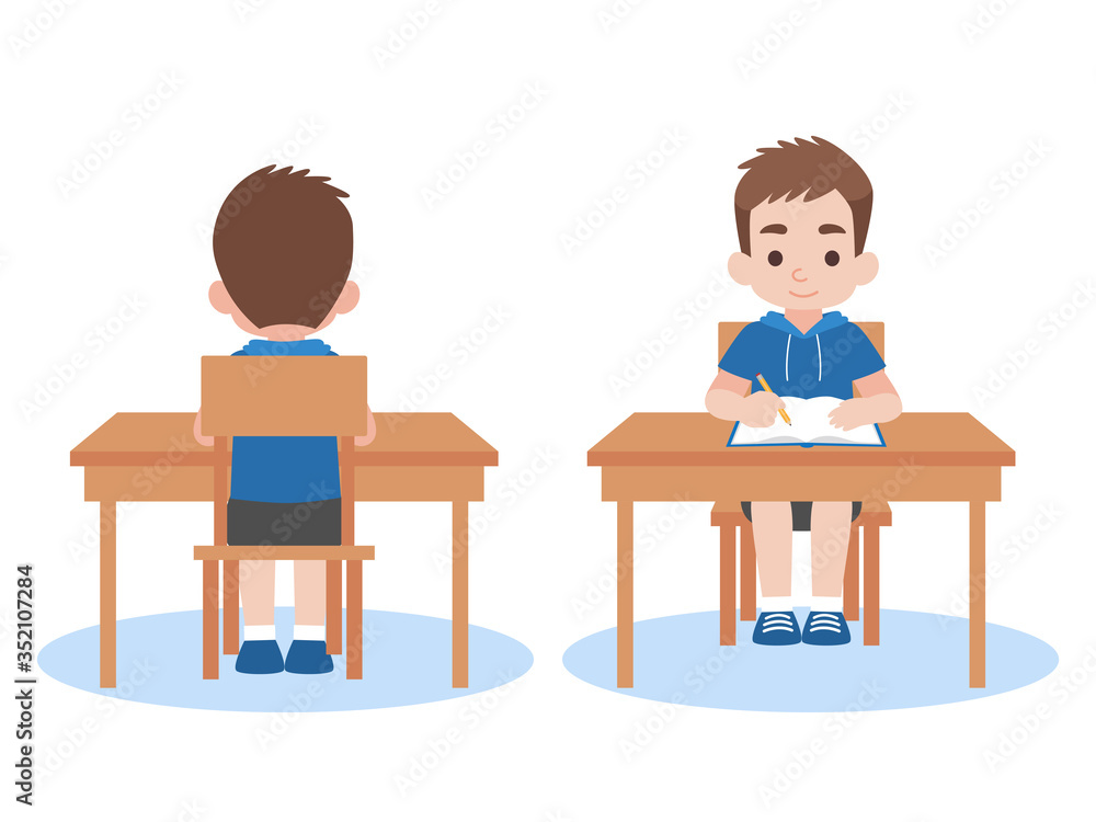 Boy back and front studying lessons distance education at home self learning for prevent coronavirus, Distance Learning Television concept. Boy back and front studying lessons distance education at home self learning for prevent coronavirus, Distance Learning Television concept.