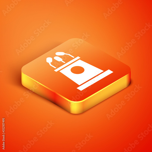 Isometric Stage stand or debate podium rostrum icon isolated on orange background. Conference speech tribune. Vector