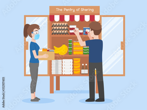 People wearing protective Medical mask for prevent virus, people donate drinks, canned food and medicine. Sharing campaign lack of Food to Coronavirus crisis Donation food to other people concept.