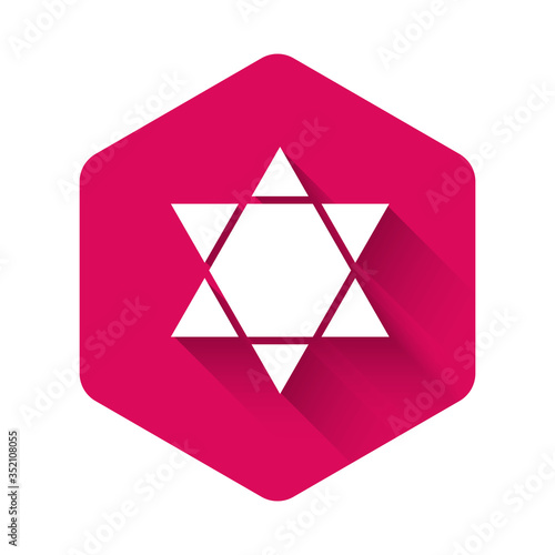 White Star of David icon isolated with long shadow. Jewish religion symbol. Symbol of Israel. Pink hexagon button. Vector
