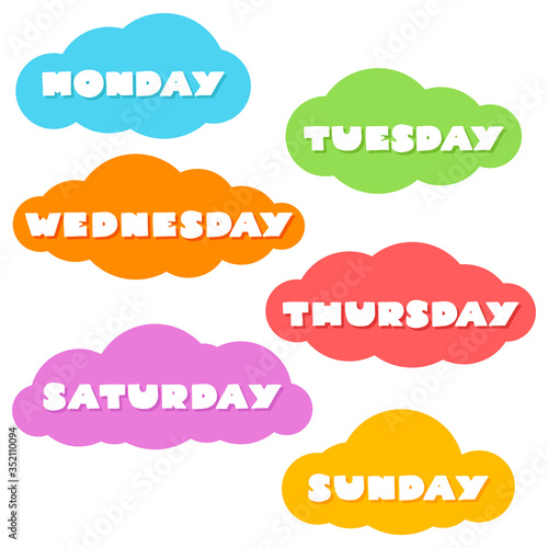 Days of the week. Names of weekdays on a background of colorful clouds. Can be used for scrapbooking, bullet journals, to do lists or weekly planners. Vector 8 EPS.