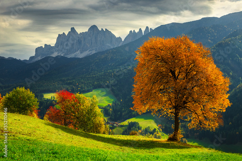 Fototapeta Naklejka Na Ścianę i Meble -  Stunning colorful autumn alpine landscape, Funes valley, Dolomites, Italy
