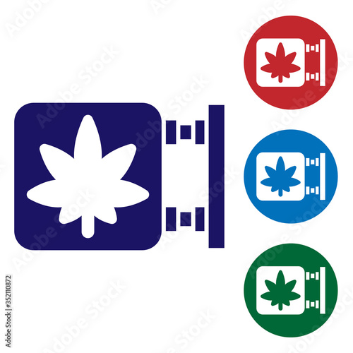Blue Marijuana and cannabis store icon isolated on white background. Equipment and accessories for smoking, storing medical cannabis. Set icons in color square buttons. Vector