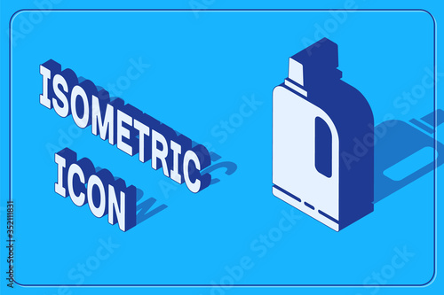 Isometric Fabric softener icon isolated on blue background. Liquid laundry detergent, conditioner, cleaning agent, bleach. Vector