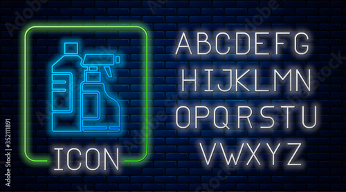 Glowing neon Plastic bottles for laundry detergent, bleach, dishwashing liquid or another cleaning agent icon isolated on brick wall background. Neon light alphabet. Vector