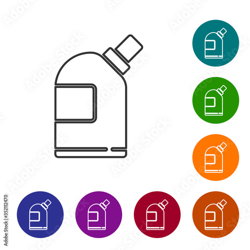 Black line Plastic bottles for laundry detergent, bleach, dishwashing liquid or another cleaning agent icon isolated on white background. Set icons in color circle buttons. Vector