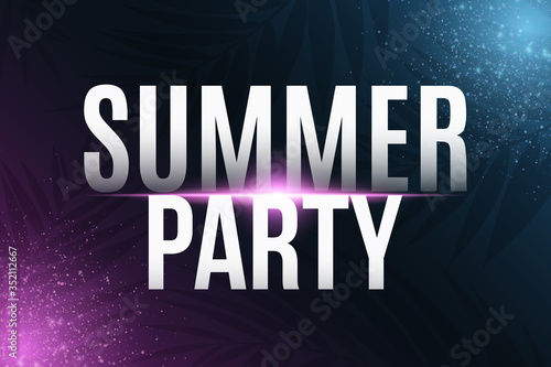 Summer party cover. Greeting card. Modern banner with neon light effect and tropical palm tree. Vector illustration