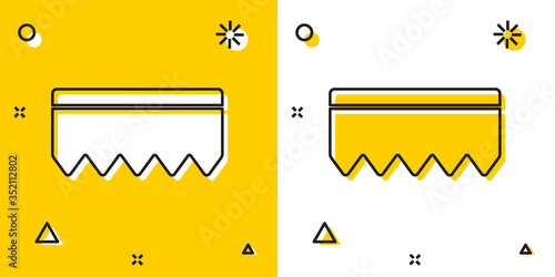 Black Sponge with bubbles icon isolated on yellow and white background. Wisp of bast for washing dishes. Cleaning service logo. Random dynamic shapes. Vector
