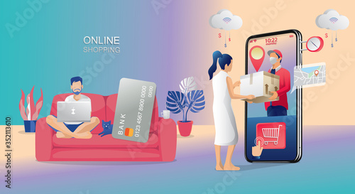 Online Shopping Concept, on Website or Mobile phone Application, Marketing, and Digital marketing. stay at home and using smartphones, fast delivery. Vector for Design illustration 24-hours shopping