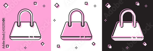 Set Handbag icon isolated on pink and white, black background. Female handbag sign. Glamour casual baggage symbol. Vector
