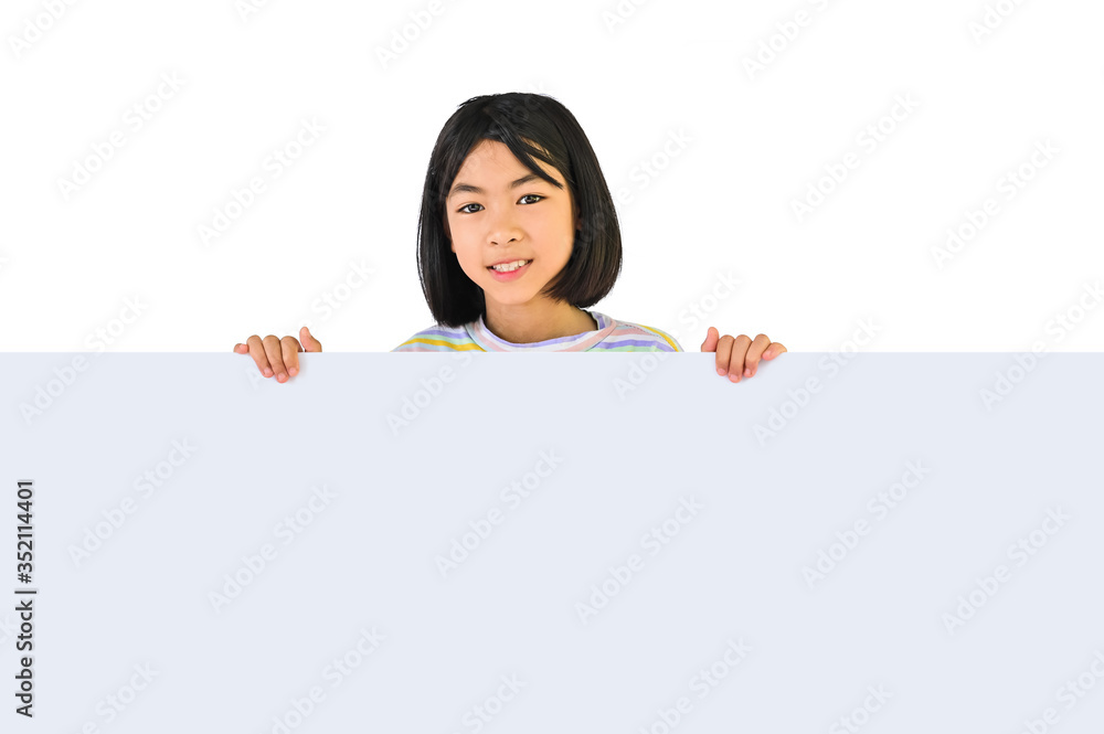 Smiling asian little girl with blank white board for Advertising place for you, kid holding empty board isolated on white background Smiling asian little girl with blank white board for Advertising place for you, kid holding empty board isolated on white background