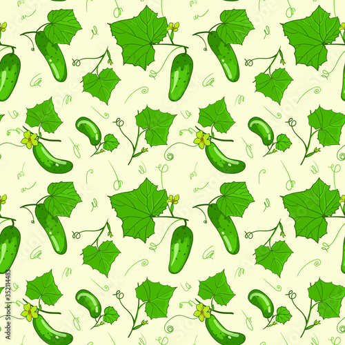 Fresh cucumber with leaves and flower / vector seamless pattern