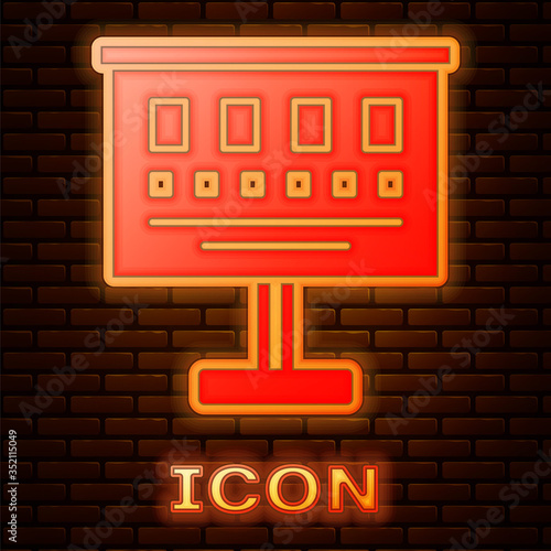 Glowing neon Eye test chart icon isolated on brick wall background. Poster for vision testing in ophthalmic study. Snellen chart. Vector