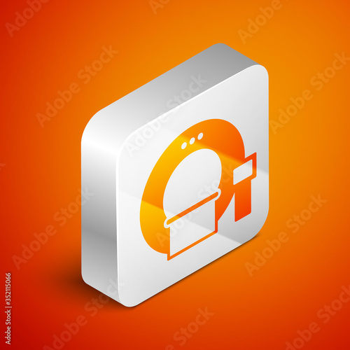 Isometric Tomography icon isolated on orange background. Medical scanner, radiation. Diagnosis, radiology, magnetic resonance therapy. Silver square button. Vector