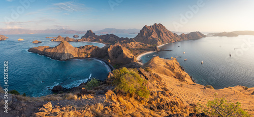 Panoramic view of Padar isalnd in Komodo national park in a morning sunrise, Flores island in Indonesia