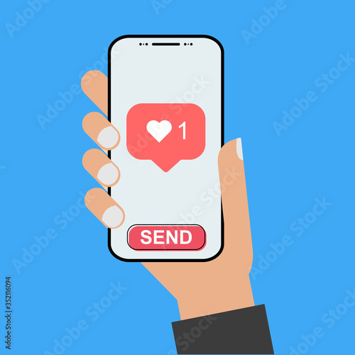 Modern design style hand holding the smartphone with new like screen - send it!