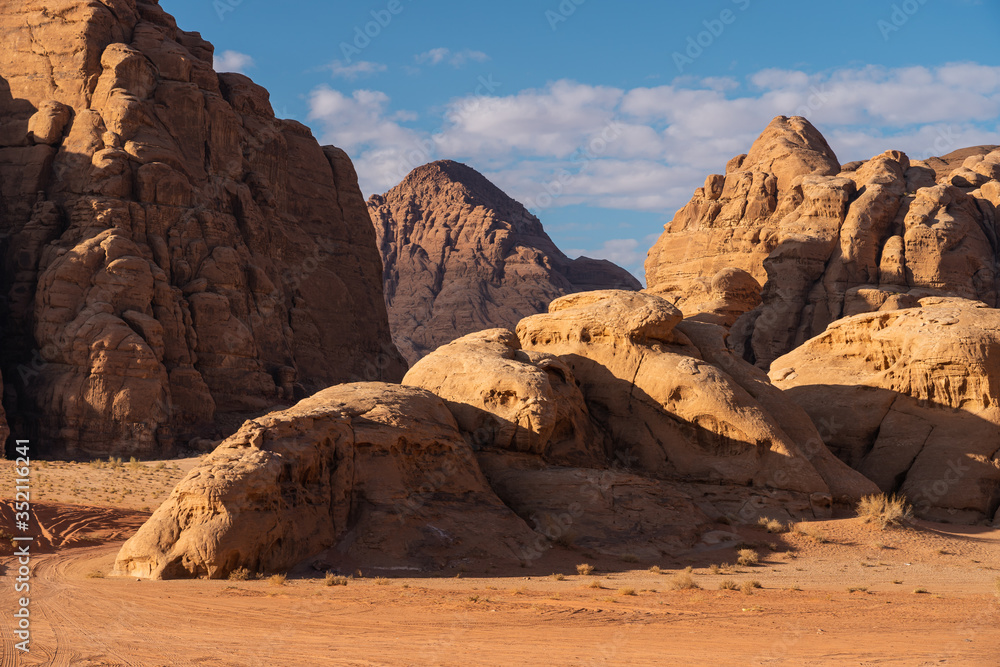 Rock mountains and desert landscape in Wadi Rum desert in Jordan Rock mountains and desert landscape in Wadi Rum desert in Jordan