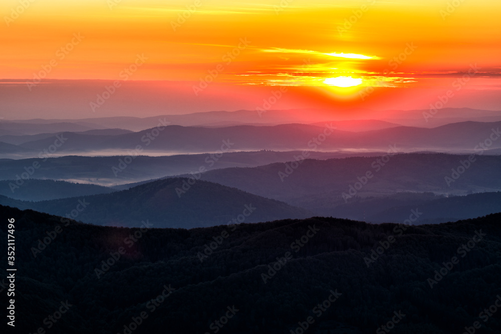 Wonderful sunrise in the mountains. A view from the Polonina Carynska. Bieszczady National Park. Carpathians. Poland. Wonderful sunrise in the mountains. A view from the Polonina Carynska. Bieszczady National Park. Carpathians. Poland.