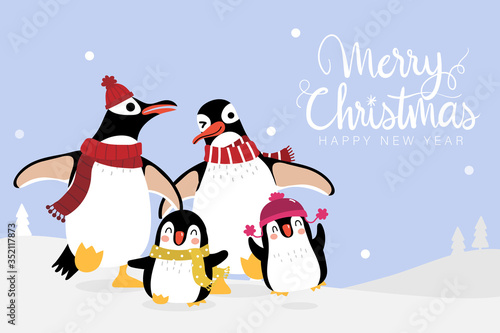 Cute penguin family and baby in winter costume vector. Merry Christmas and happy holidays greeting card. Wildlife animal cartoon character.