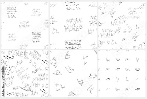 Seamless abstract text pattern set. Handwritten font on a white background. Ink on paper
