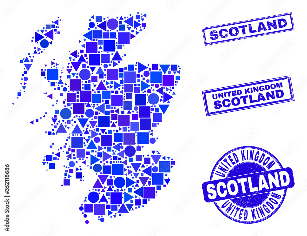Obraz premium Vector mosaic Scotland map. Geographic plan in blue color hues, and rubber round and rectangle stamps. Abstract composition of Scotland map combined of round, triangles, square geometric items.