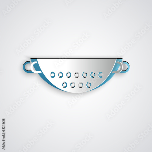 Paper cut Kitchen colander icon isolated on grey background. Cooking utensil. Cutlery sign. Paper art style. Vector