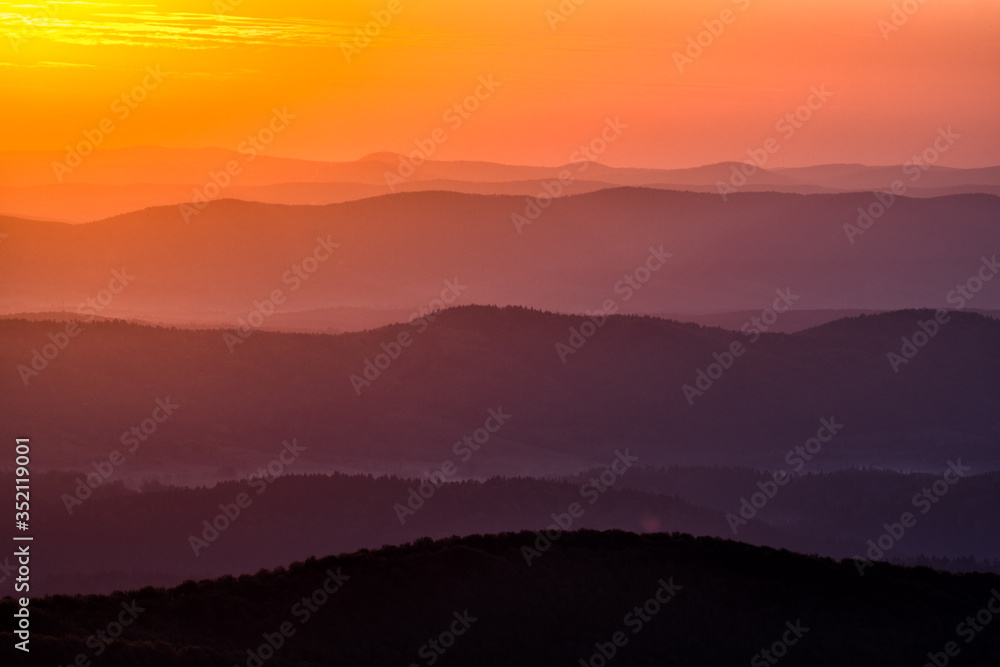 Wonderful sunrise in the mountains. A view from the Polonina Carynska. Bieszczady National Park. Carpathians. Poland.