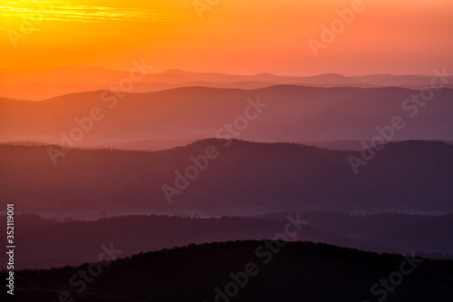 Wonderful sunrise in the mountains. A view from the Polonina Carynska. Bieszczady National Park. Carpathians. Poland.