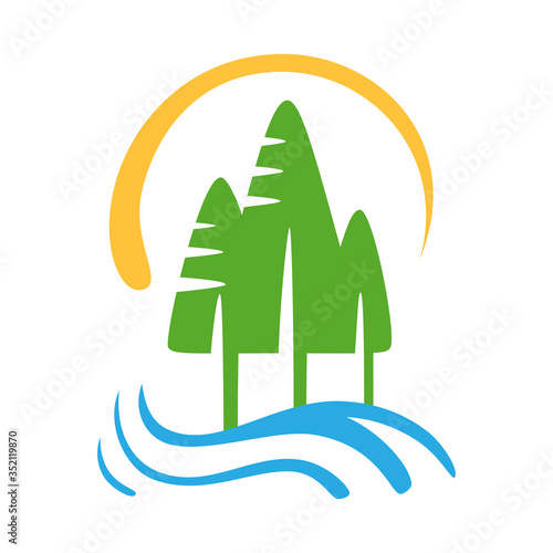 Nature logo vector illustration. Three pine trees, water flow in the river and sun stylized sybmol. Eco emblem isolated on white.