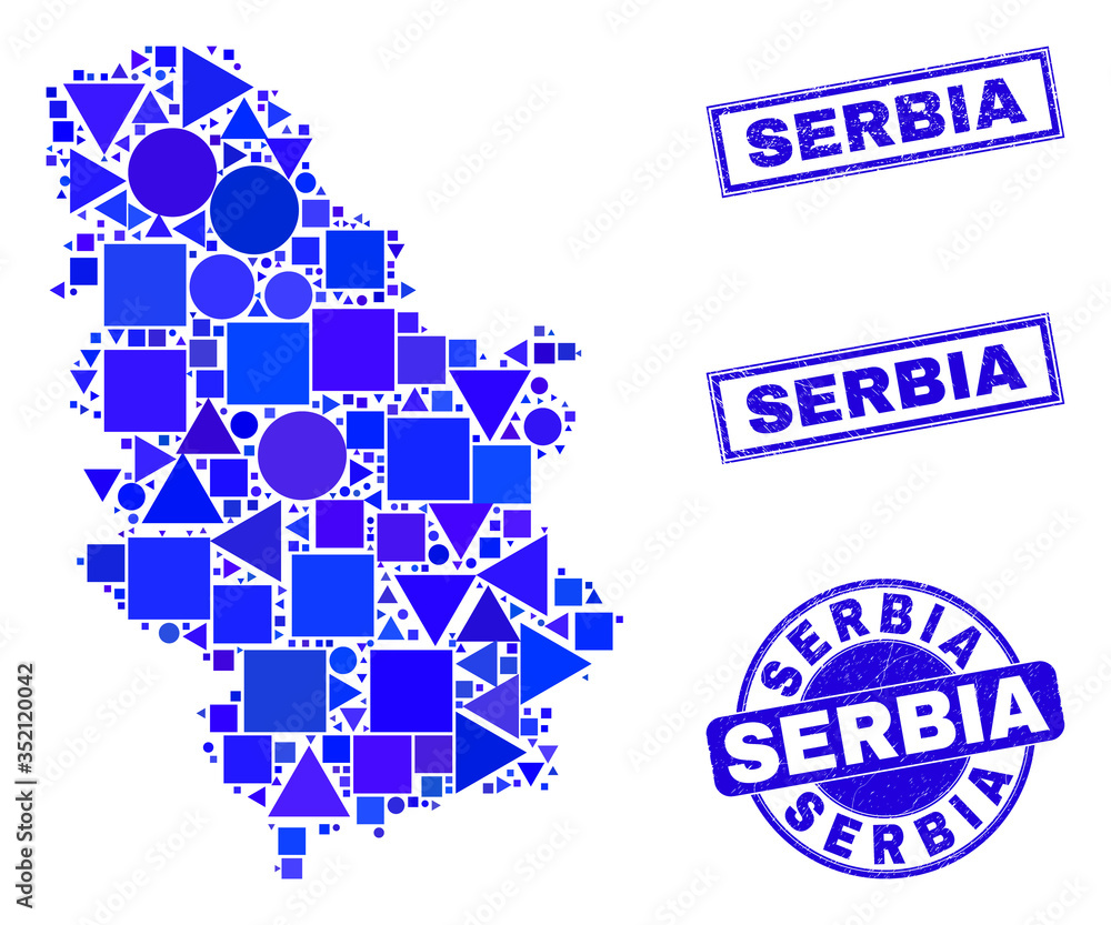 Vector mosaic Serbia map. Geographic collage in blue color hues, and dirty round and rectangle seal stamps. Abstract mosaic of Serbia map made of round, tringle, square geometric spots. Vector mosaic Serbia map. Geographic collage in blue color hues, and dirty round and rectangle seal stamps. Abstract mosaic of Serbia map made of round, tringle, square geometric spots.