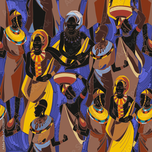 African women in national clothes, seamless pattern. Beautiful black females. People of South Africa, vector illustration