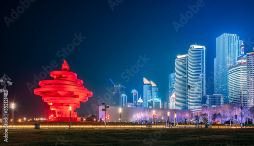 Night view of Qingdao urban architectural landscape..