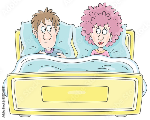 Happy young married couple lying in bed and looking at each other with a slight smile, vector cartoon illustration on a white background