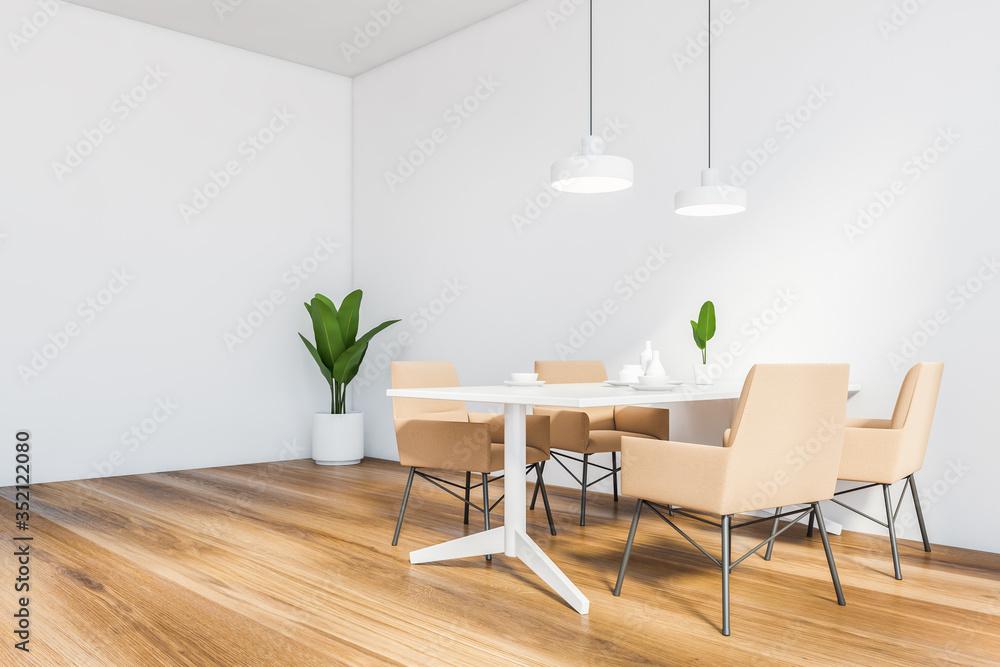 White dining room corner with beige chairs White dining room corner with beige chairs