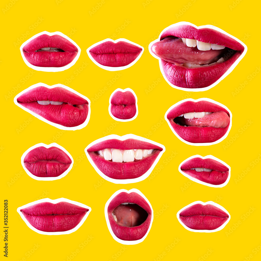 Foto Stock Set of seductive beautiful female lips with different emotions.  Emotional woman's mouth gestures, collage in magazine style over vivid  yellow background. Isolated girl's smiles | Adobe Stock