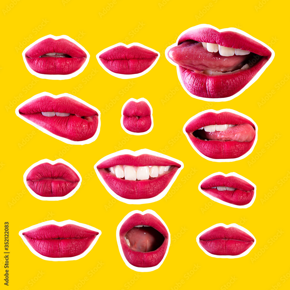 Obraz premium Set of seductive beautiful female lips with different emotions. Emotional woman's mouth gestures, collage in magazine style over vivid yellow background. Isolated girl's smiles