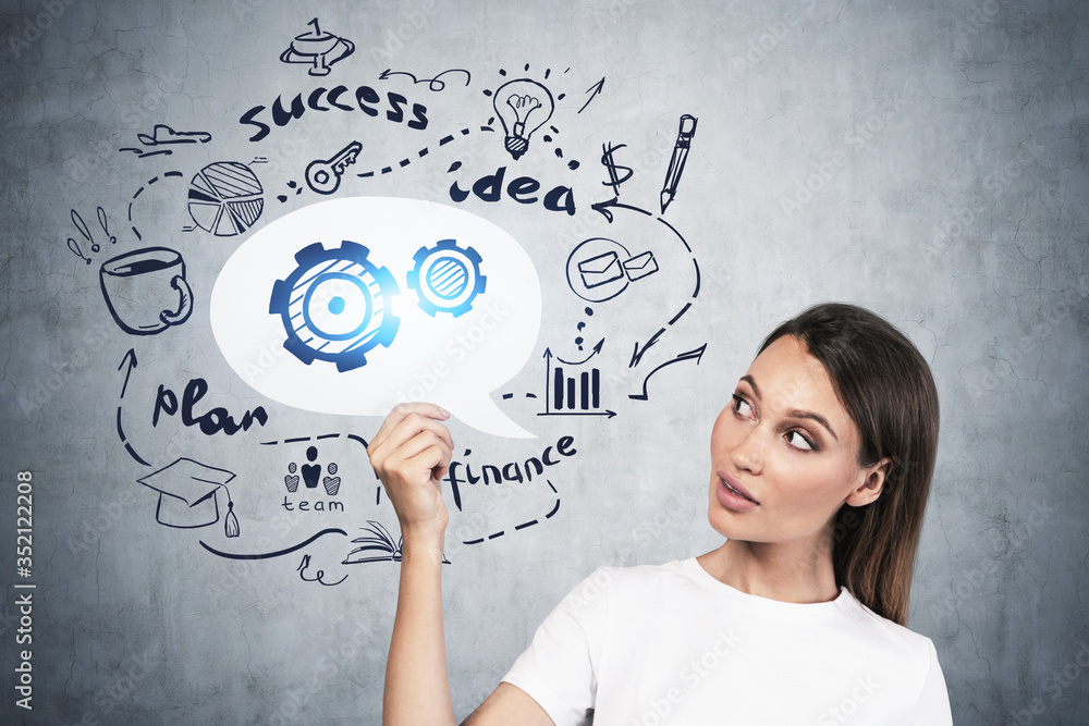 Woman with speech bubble, business plan Woman with speech bubble, business plan