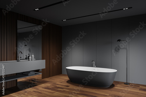 Grey and wooden bathroom corner  tub and sink