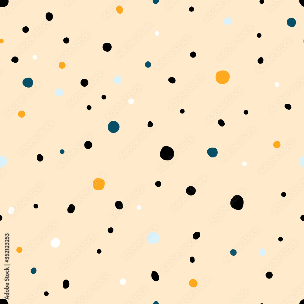 Seamless Scandinavian pattern. Black, gold, pink, blue hand-drawn dots on a pastel background. Neutral cozy ornament. Vector illustrations with circles for wallpaper, posters, wrapping paper, textiles