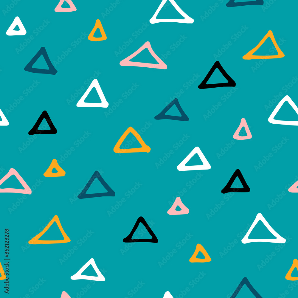 Seamless Scandinavian pattern. Black, pink, white, gold hand-drawn triangles on a blue background. Neutral cozy doodle ornament. Vector illustrations for wallpaper, posters, wrapping paper, textiles Seamless Scandinavian pattern. Black, pink, white, gold hand-drawn triangles on a blue background. Neutral cozy doodle ornament. Vector illustrations for wallpaper, posters, wrapping paper, textiles
