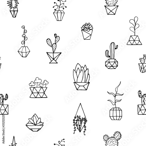 Doodle plant in faceted pot seamless pattern. Hand-drawn leaves, succulents, cactus, poly flower pot. Outline home plants isolated on white background. Cute illustration polygonal element for interior