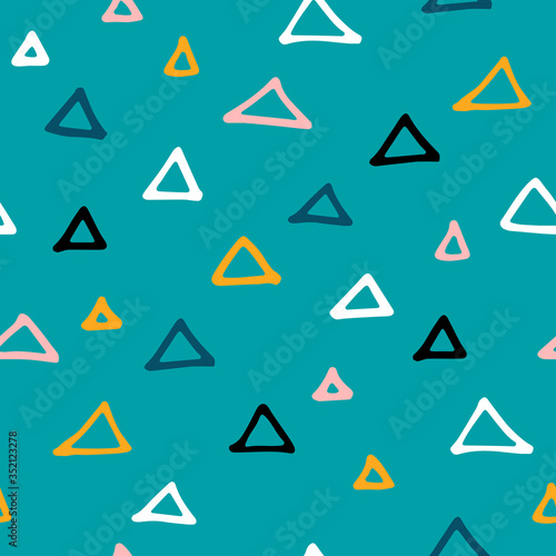 Seamless Scandinavian pattern. Black, pink, white, gold hand-drawn triangles on a blue background. Neutral cozy doodle ornament. Vector illustrations for wallpaper, posters, wrapping paper, textiles