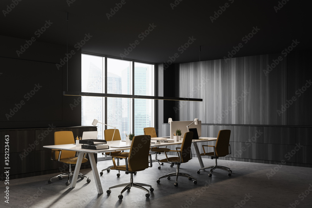 Fototapeta premium Dark wooden open space office corner
