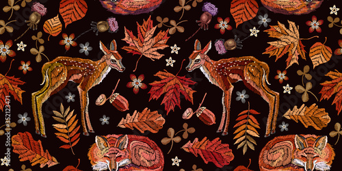 Embroidery, forest deers, sleeping red flox and autumn leaves horizontal seamless pattern. Classical september floral art. Fashionable template for design of clothes