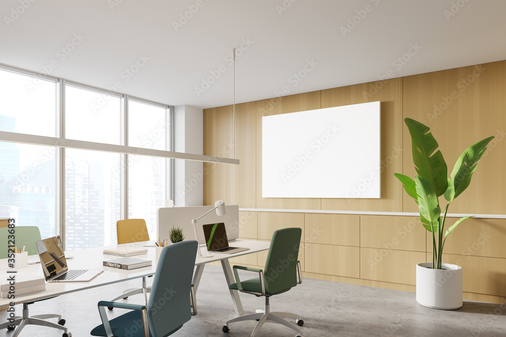 Wooden open space office corner with poster - obrazy, fototapety, plakaty 